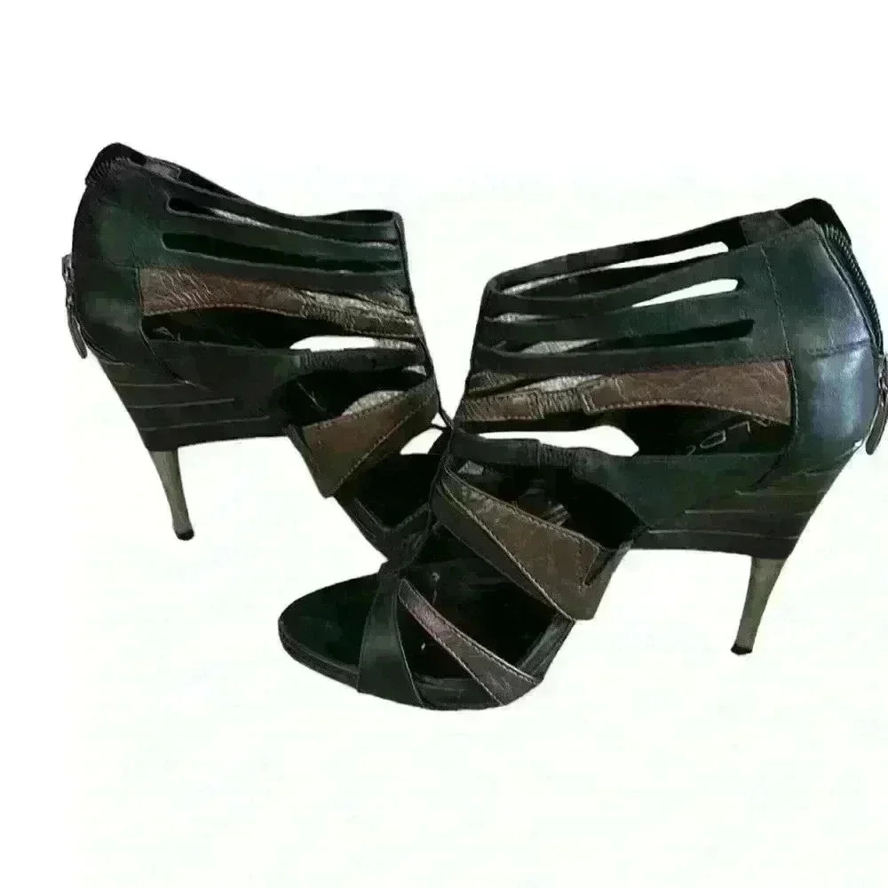 ALDO Bronze Black Leather Metal Heel Back Zip Open Toe..Made in Brazil. Size 6.5